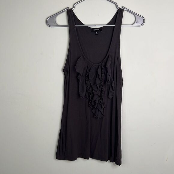 Express Dark Gray Scoop Neck Ruffle Bib Front Tank Top Blouse - Picture 3 of 16